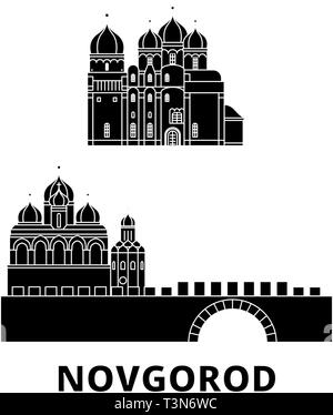 La Russie, Novgorod voyage télévision set skyline. Russie Novgorod, ville noire, symbole d'illustration vectorielle, les sites touristiques, sites naturels. Illustration de Vecteur