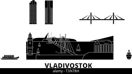 La Russie, Vladivostok voyage télévision set skyline. La Russie, Vladivostok ville noire, symbole d'illustration vectorielle, les sites touristiques, sites naturels. Illustration de Vecteur