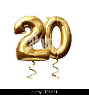 Numéro 20 dorure hélium ballon isolé sur un fond blanc. 3D Render Banque D'Images