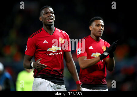 Paul Pogba Manchester United (à gauche) à la fin de l'UEFA Champions League, quart de finale match aller d'abord à Old Trafford, Manchester. Banque D'Images