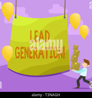 Texte de l'écriture écrit la génération de fil. Photo conceptuelle identification et processus de cultiver les clients potentiels Man Carrying pile de boîtes avec Bla Banque D'Images