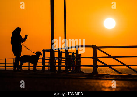 Aberystwyth, UK. 10 avr, 2019. Météo France : à la fin d'une journée sans le bleu du ciel et soleil du printemps, le soleil se couche derrière la spectaculaire des silhouettes d'une femme promener son chien le long de la promenade à Aberystwyth, sur la côte ouest de la Baie de Cardigan au Pays de Galles. Credit : Keith morris/Alamy Live News Banque D'Images