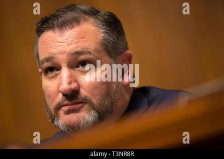 (Président) Président de l'United States Senate Committee on the Judiciary Ted Cruz (républicain du Texas) Livre d'ouverture avant le témoignage de Carlos Monje, Junior, le directeur de la politique publique et la philanthropie à Twitter, et Neil Potts, le directeur de la politique publique à Facebook, sur la colline du Capitole à Washington DC le 10 avril 2019. Credit : Stefani Reynolds/CNP | conditions dans le monde entier Banque D'Images