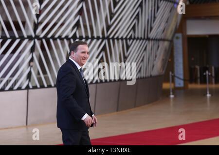 Bruxelles, Belgique. 10 avr, 2019. Premier Ministre Suédois Stefan Lofven arrive au siège de l'Union européenne à assister à la réunion spéciale du Conseil européen de Bruxelles, Belgique, le 10 avril 2019. Les dirigeants de l'Union européenne 27 autres pays membres ont convenu de prolonger Brexit, Président du Conseil européen, Donald Tusk a déclaré sur Twitter mercredi soir. Credit : Zhang Cheng/Xinhua/Alamy Live News Banque D'Images