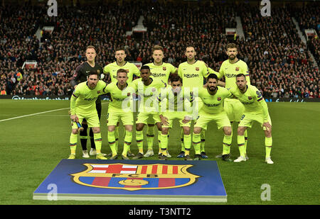 Manchester. Apr 11, 2019. Les joueurs de Barcelone pour une photo de groupe de l'équipe avant l'UEFA Champions League match aller premier remporteront entre Manchester United et le FC Barcelone à Old Trafford à Manchester, Angleterre le 10 avril 2019. Barcelone a gagné 1-0. Source : Xinhua/Alamy Live News Banque D'Images