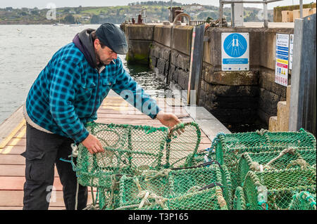 Schull, West Cork, Irlande. Apr 11, 2019. Un pêcheur local prépare ses casiers à crabe avant de les charger sur son bateau pour un voyage de pêche plus tard aujourd'hui. Le temps est froid mais sec avec le soleil commence à faire une apparition. La journée restera généralement sec avec des températures de plus de 11 à 15°C. Credit : Andy Gibson/Alamy Live News Banque D'Images