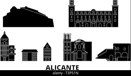 L'Espagne, Alicante voyage télévision set skyline. L'Espagne, Alicante ville noire, symbole d'illustration vectorielle, les sites touristiques, sites naturels. Illustration de Vecteur