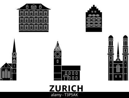 La Suisse, Zurich voyage télévision set skyline. La Suisse, Zurich ville noire, symbole d'illustration vectorielle, les sites touristiques, sites naturels. Illustration de Vecteur