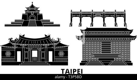 Taiwan, Taipei voyage télévision set skyline. Taiwan, Taipei city noir, symbole d'illustration vectorielle, les sites touristiques, sites naturels. Illustration de Vecteur