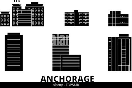 Etats Unis, Anchorage skyline voyages télévision set. Etats Unis, Anchorage ville noire, symbole d'illustration vectorielle, les sites touristiques, sites naturels. Illustration de Vecteur