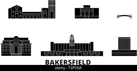 Etats Unis, Bakersfield. skyline voyages télévision Etats Unis, Bakersfield ville noire, symbole d'illustration vectorielle, les sites touristiques, sites naturels. Illustration de Vecteur