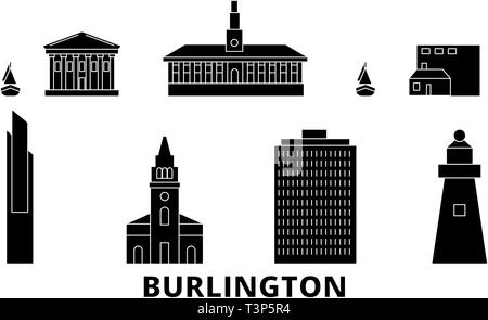 United States, Burlington voyages télévision. skyline United States, Burlington ville noire, symbole d'illustration vectorielle, les sites touristiques, sites naturels. Illustration de Vecteur