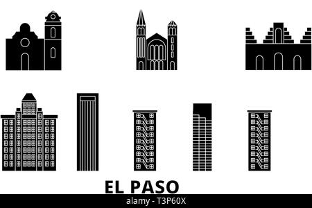 Etats Unis, El Paso télévision billet skyline set. Etats Unis, El Paso ville noire, symbole d'illustration vectorielle, les sites touristiques, sites naturels. Illustration de Vecteur