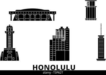 États-unis, Honolulu voyages télévision set skyline. États-unis, Honolulu ville noire, symbole d'illustration vectorielle, les sites touristiques, sites naturels. Illustration de Vecteur