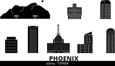 United States, Phoenix voyages télévision set skyline. United States, Phoenix ville noire, symbole d'illustration vectorielle, les sites touristiques, sites naturels. Illustration de Vecteur