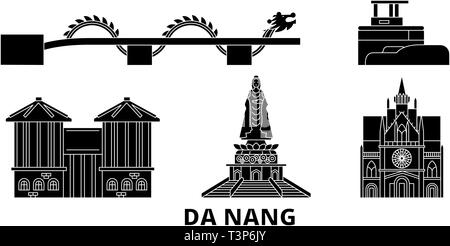 Da nang, Vietnam voyage télévision set skyline. Vietnam, Da Nang city noir, symbole d'illustration vectorielle, les sites touristiques, sites naturels. Illustration de Vecteur