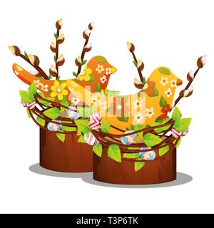 Décoration de Pâques avec des branches de saule des silhouettes d'oiseaux et d'oeufs colorés isolé sur fond blanc. Cartoon Vector illustration close-up. Illustration de Vecteur