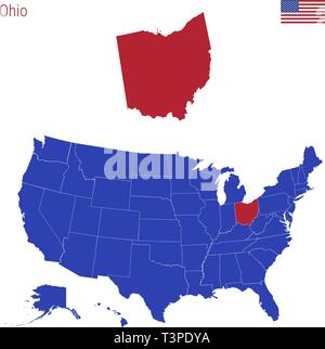 L'état de l'Ohio est surligné en rouge. Carte vectorielle des États-Unis divisé en deux États distincts. Illustration de Vecteur