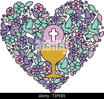 Première communion en calice avec coeur floral decoration Illustration de Vecteur