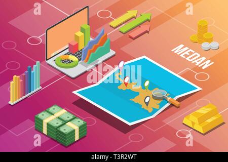 Medan Indonésie ville économie financière concept isométrique condition pour décrire la croissance des villes étendre - vector Illustration de Vecteur