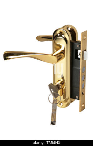 Poignée en métal inoxydable avec serrure et clés isolé sur fond blanc Banque D'Images