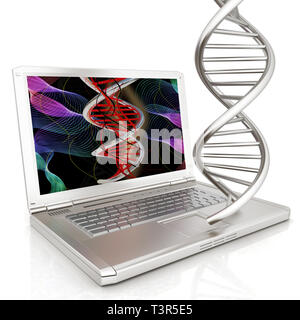 Ordinateur portable avec le modèle médical de l'adn sur fond d'écran d'ordinateur portable. 3d illustration Banque D'Images