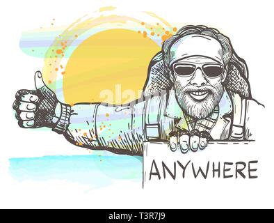 L'homme de l'auto-stop avec croquis dessiné dans le style. L'auto-stop Travel concept. Vector illustration. Illustration de Vecteur