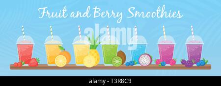 Cocktail smoothie vitamine jeu été vector illustration. Jus frais d'énergie dans le verre à cocktail secoué, couleurs arc-en-ciel avec des fruits collection pour la vitamine boissons à emporter ou régime de detox promo design Illustration de Vecteur