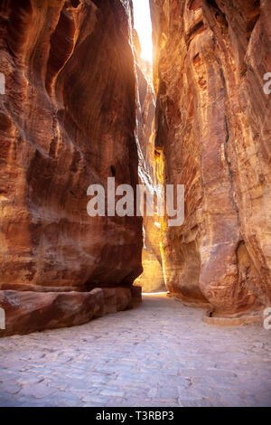 L'intérieur de l'itinéraire suggestif les canyons de grès menant au trésor de Petra, en Jordanie. Coucher du soleil la lumière. Banque D'Images