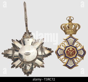 Ordre Royal du Lion, créé le 9 avril et 28 juillet 1891, par le roi Léopold II, en tant que Roi-Souverain de l'Etat Indépendant du Congo. Ensemble de grand croix, plaque diamètre 86mm, bijou 90 x 53 mm et écharpe, fabr. de la maison 'Fisch', Additional-Rights Clearance-Info-Not-Available- Banque D'Images