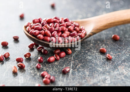 Les haricots adzuki rouge dans la cuillère en bois. Banque D'Images