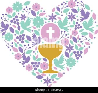 Première communion en calice avec coeur floral decoration Illustration de Vecteur