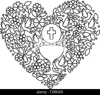 Première communion en calice avec coeur floral decoration Illustration de Vecteur