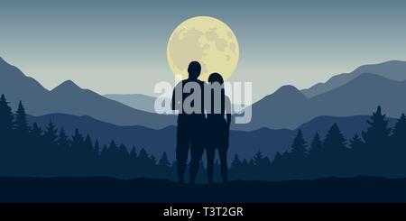 Couple ressemble à la pleine lune en bleu paysage de montagnes et de forêts dans la nuit vector illustration EPS10 Illustration de Vecteur