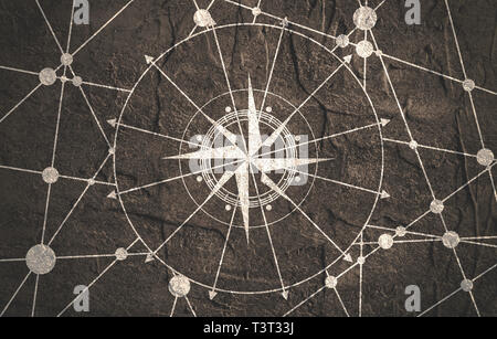 Modèle de conception de brochure ou de rapport. Lignes connectées par des points. Voyages et découverte de l'image relative. Le symbole de la boussole sur le modèle de la géométrie. Texture Grunge Banque D'Images