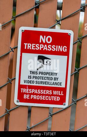 Signer aucune intrusion, vidéo surveillance, aucun accès, Washington, USA Banque D'Images