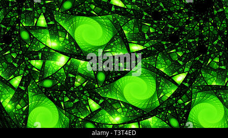 Vitraux lumineux vert fractale, computer generated abstract background, 3D Rendering Banque D'Images