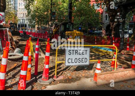 Site de construction sur une route, barrage, rue fermée, Seattle, Washington, USA Banque D'Images