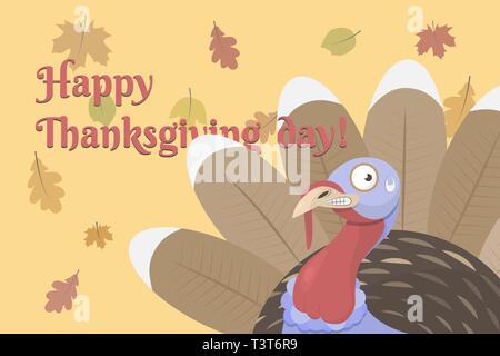Vector illustration de télévision joyeux Thanksgiving Day, il montre un dessin animé mignon effrayé la Turquie et les feuilles d'automne. A l'oiseau brun, rouge, bleu. Illustration de Vecteur