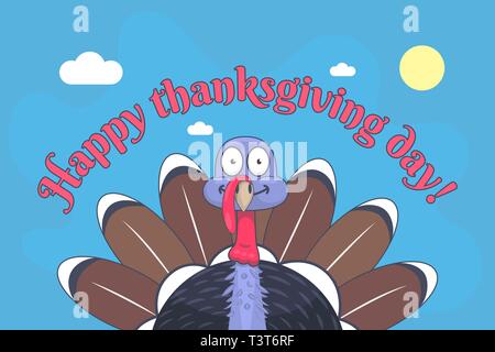 Illustration vectorielle plate de joyeux Thanksgiving jour il montre un mignon dessin animé turquie avec les yeux largement ouverts l'oiseau a un marron, rouge, noir et bleu Illustration de Vecteur