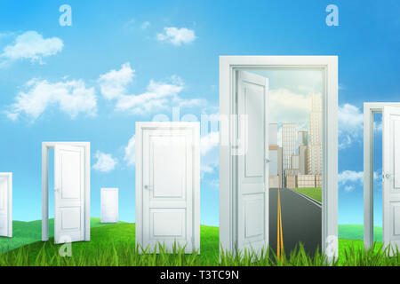 Le rendu 3D de portes blanches d'une ville à l'autre du pays sur l'herbe verte et fond de ciel bleu Banque D'Images