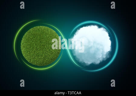 Le rendu 3D d'une sphère couverte de pelouse verte à côté d'un rond blanc nuage moelleux avec un léger trait tracé autour d'eux formant le signe infini. Banque D'Images