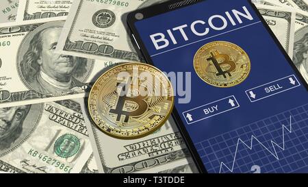 Smartphone avec tableau de Bitcoin et golden bitcoins sur 100 billets d'un dollar. Concept commercial Bitcoin Banque D'Images