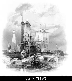 Une gravure de Sunderland avec le phare, la jetée sud numérisées à haute résolution à partir d'un livre publié en 1842. Croyait libres de droit. Banque D'Images