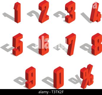 3D isométrique métallique rouge lettre. 0, 1, 2, 3, 4, 5, 6, 7, 8, 9 l'alphabet numéral. Numéro isolé du vecteur. Illustration de Vecteur