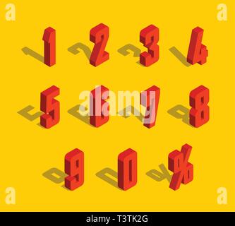 3D isométrique métallique rouge lettre. 0, 1, 2, 3, 4, 5, 6, 7, 8, 9 l'alphabet numéral. Numéro isolé du vecteur. Illustration de Vecteur