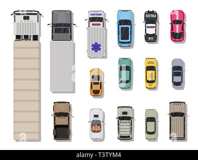 Collection de différents véhicules. Roadster, taxi, police, ambulance SUV, berline, camion. Location pour le transport, le fret et les services d'urgence. Vue d'en haut. V Illustration de Vecteur