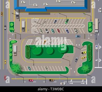 Grand centre commercial ou d'un centre commercial et un parking pour voitures. City parking avec différentes voitures. Zone de l'arborescence. Zone de parking Vue supérieure avec divers véhicules. L Illustration de Vecteur