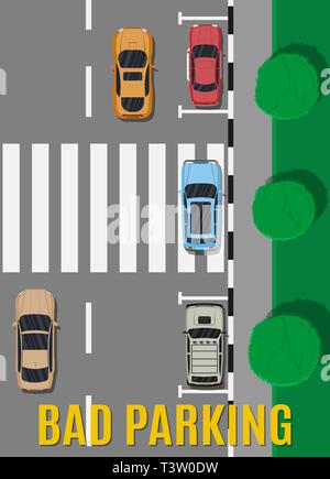 City parking avec différentes voitures. Manque de stationnement. Vue supérieure avec zone de stationnement des véhicules. Mauvais ou mauvais parking. Les règles de la circulation. Rul Illustration de Vecteur