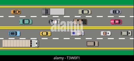 Collection de différents véhicules sur route. Roadster, taxi, police, ambulance SUV, berline, camion. Location pour le transport, le fret et les services d'urgence. Le HIG Illustration de Vecteur